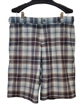 Nike Golf Chino Shorts Men's 34 Grey Black Plaid Dri-Fit Performance Flat Front